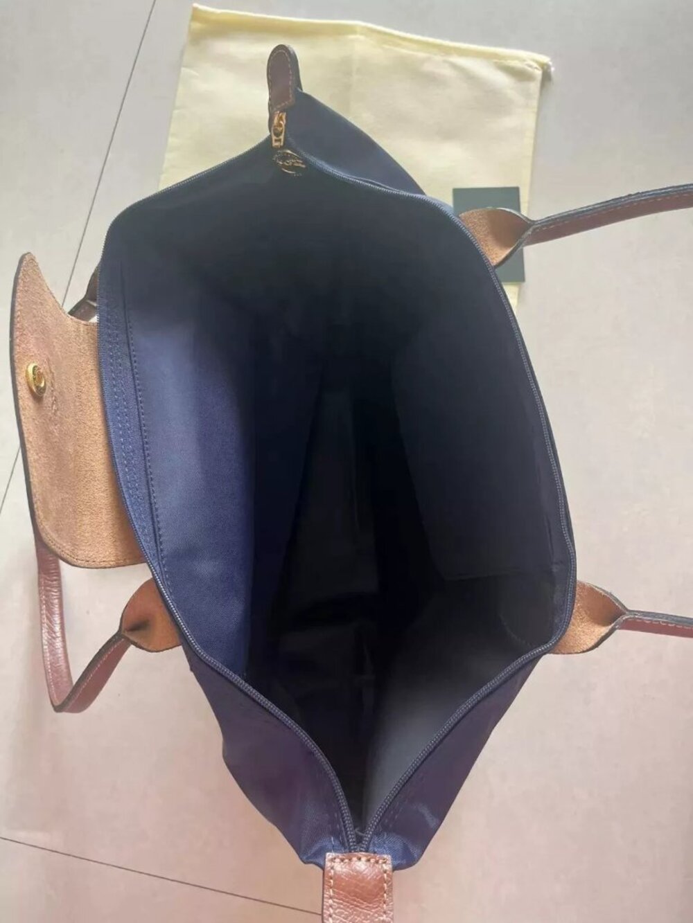 Longchamp Navy Blue Nylon Tote with Brown Leather Trim - Picture 5 of 10